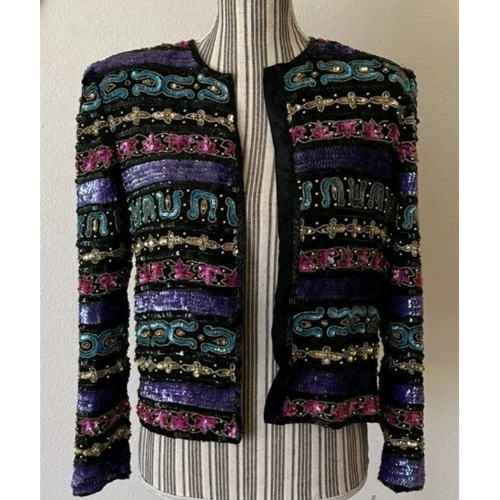 Vintage 80s Bright Colorful Sequin Beaded Jacket Silk Floral Art Deco Glam 12